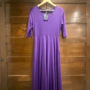 NWT Luxveer small Purple Maxi Dress boat neck jersey knit stretch pockets soft